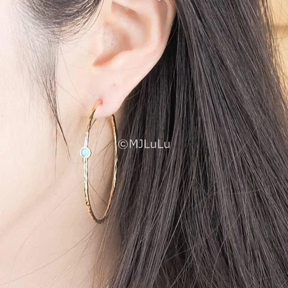14K Gold-Plated Hoop Earrings with Simulated Blue Turquoise Lightweight Hypoalle